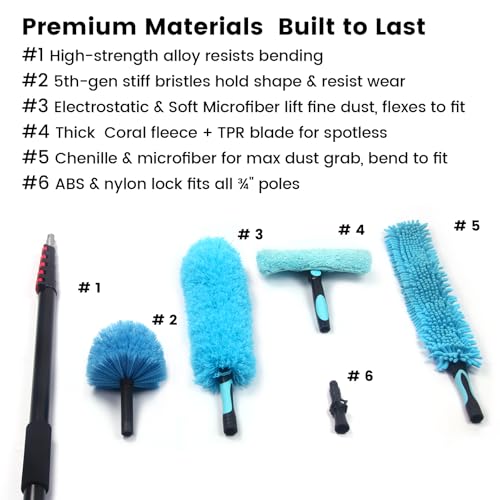 Ceiling Fan Duster Kit with 12 FT Telescoping Pole – 6-Piece Set – Screw-On Cobweb Duster & Squeegee Heads – Washable Bendable – 3/4" Universal Fit – House Cleaning Kit, Blue - size: 12ft+5PC-kit1