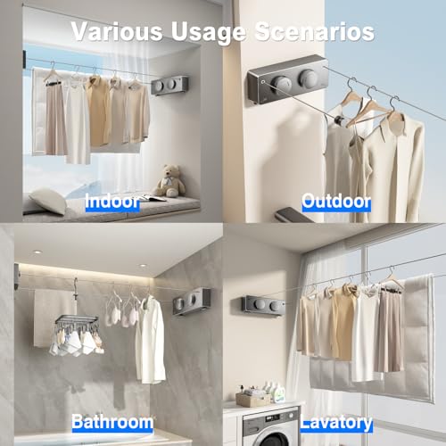 MUSTORN Retractable Clothesline Indoor, Non-Sagging Twin Clothes Line Retracting Outdoor Heavy Duty Clothes Drying Laundry Line Wall Mounted Stainless Steel Double Line-13.8 ft(Gray) - color: Gray