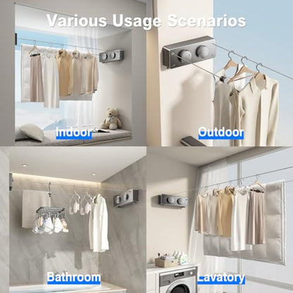 MUSTORN Retractable Clothesline Indoor, Non-Sagging Twin Clothes Line Retracting Outdoor Heavy Duty Clothes Drying Laundry Line Wall Mounted Stainless Steel Double Line-13.8 ft(Gray) - color: Gray