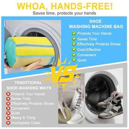 vorona Shoe Washing Machine Bag, 2PCS Reusable Shoe Bag for Washing Machine, 360° Deep Clean, Includes 4 Shoe Storage Dust Bags & 2 Drying Racks, XXL Laundry Shoe Bag for Sneakers Tennis Shoes, Yellow