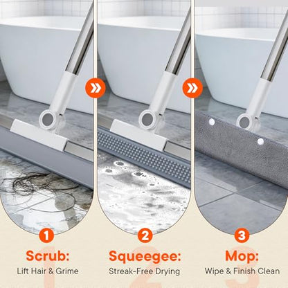 2-in-1 Floor Squeegee Broom, 180-Degree Head, 2 Microfiber Pads - size: 16in / 4-Section Handle / 2 Pads