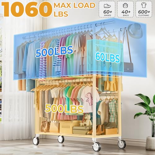 Heavy Duty Clothes Rack Load 1060LBS, Four Rods Rolling Clothing Racks for Hanging Clothes, Rolling Garment Rack With Sturdy Wheels Shelves Hooks, Portable & Adjustable Commercial Garment Rack, White - color: White, size: 20.0" x 60.6" x 72.8"(4 Rods)