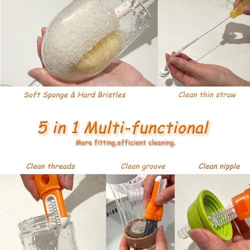 5 in 1 Bottle Cleaning Brush Set, Detail for Baby Bottle Cleaner - color: Orange & Green