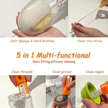 5 in 1 Bottle Cleaning Brush Set, Detail for Baby Bottle Cleaner - color: Orange & Green