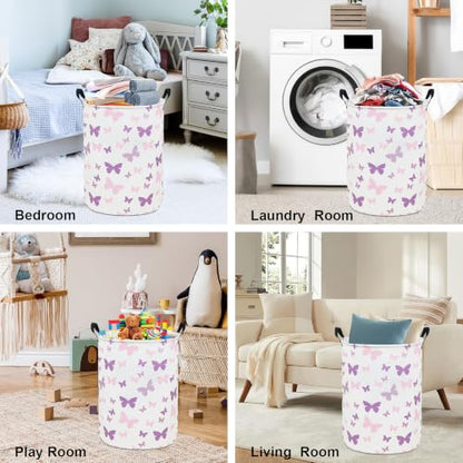 Round Fabric Collapsible Storage Basket with Handles, Purple Butterfly - color: Round-Purple Butterfly