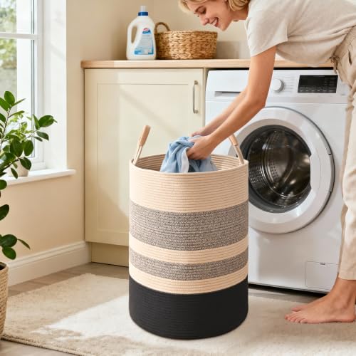 Large Laundry Basket, Laundry Hamper with Leather Handles, 90L Woven Dirty Clothes Hamper, Rope Hampers for Bedroom, Barthroom, Brown Black - color: Brown & Black, size: 90L