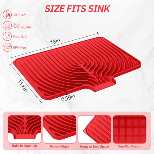Dish Drying Mat for Kitchen Counter, with Built-in Drain Lip, Food-Grade Silicone, Easy Clean Pad for Countertop Protection, Multi-Functional Use (18x11.8, Red) - color: Red, style: 18x11.8