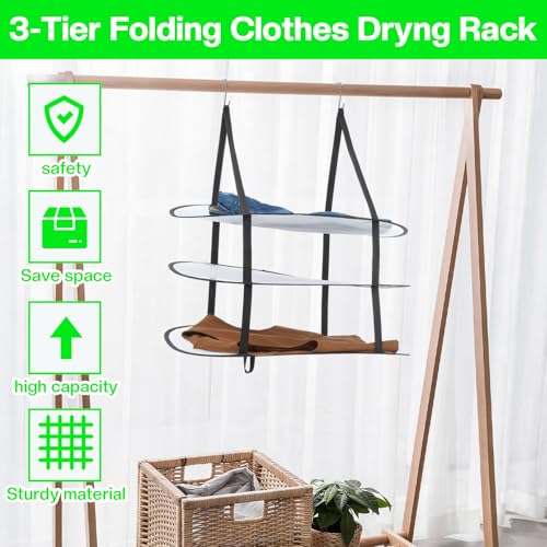 MAQUITA 2 Pcs 3 Tier Sweater Drying Rack Flat Over The Door Folding Drying Rack Large Lay Laundry Hanging Dryer Mesh Clothes Dry Hanger for Apartments Dorms Bathrooms (Black, 27 x 18.1 x 31.5 Inch)