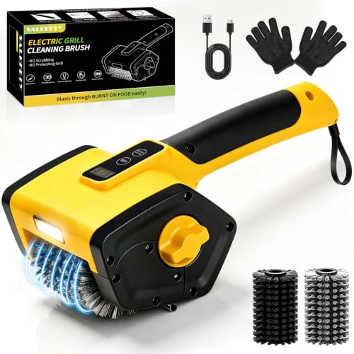 Electric Grill Brush,2-Speed Rechargeable BBQ Grill Cleaner, up to 160 min Runtime, 304 Stainless Steel Brush, LED Light, 2 Brush Heads Included, Most Outdoor Grill Grates - color: Yellow