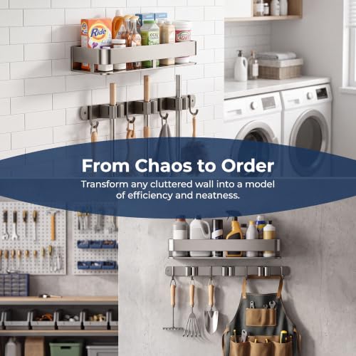 Broom Holder Wall Mount, Heavy Duty Mop Organizer with Shelf, Anti-Slip Grippers & Hooks for Laundry Room Garage Utility Closet（16inches） - color: 16inch