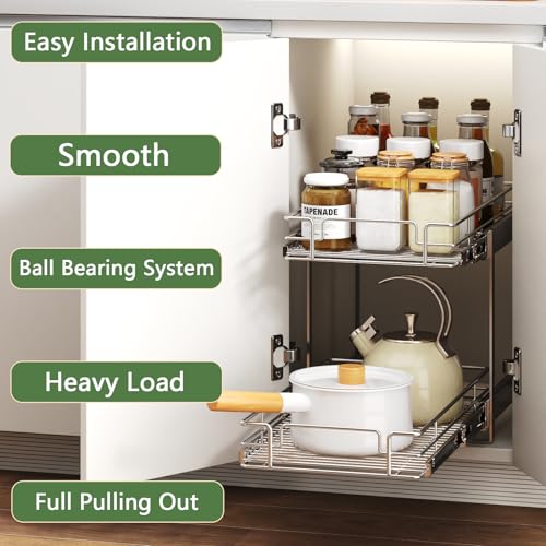 2 Tier Individual Pull Out Cabinet Organizer 11½" W x 21½" D, Heavy Duty Cabinet Pull Out Shelves, Slide Out Drawers Organization for Kitchen Cabinets Bathroom - color: 2 Tier, size: 11½"W x 21½"D