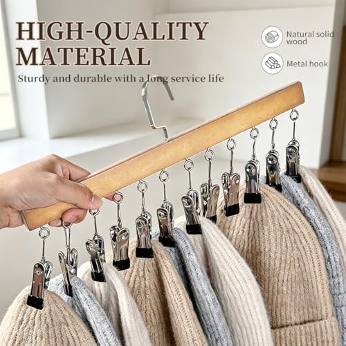 2 Pack Wooden Pants Hangers with 12 Clips, Space Saving Hanging Closet Organizer, Multi-Purpose Hanger for Leggings, Socks, Underwear, Bras, Towels, Closet Storage Solution (Natural) - color: Natural