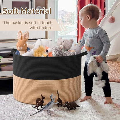 INDRESSME 115L Extra Large Woven Rope Blanket Basket Living Room BlackCamel - color: Black & Camel, size: 23.6"D x 15.7"H
