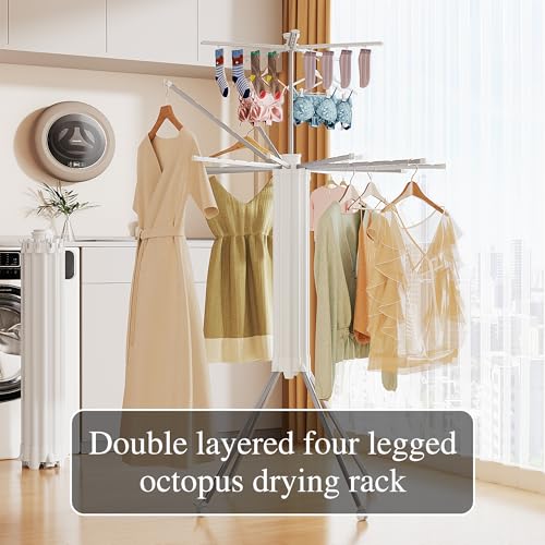 JOOM 4 Legs Double Layer Clothes Drying Rack, Garment Rack Portable and Foldable Space Saving Laundry Drying Rack - Drying Rack Clothing Floor Folding Balcony Bedroom Household Aluminum - color: Matter Silver 4 Legs Double Layer, size: Standard