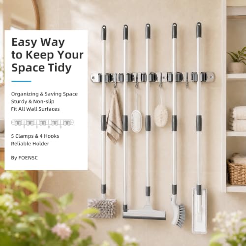 Foensc 5 Racks and 4 Hooks Mop and Broom Holder Wall Mount, Improved Non-Slip Broom Hanger Wall Mount, Self Adhesive Broom Organizer Storage Tool Racks for Home Kitchen Garden Laundry Garage