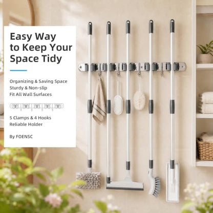 Foensc 5 Racks and 4 Hooks Mop and Broom Holder Wall Mount, Improved Non-Slip Broom Hanger Wall Mount, Self Adhesive Broom Organizer Storage Tool Racks for Home Kitchen Garden Laundry Garage