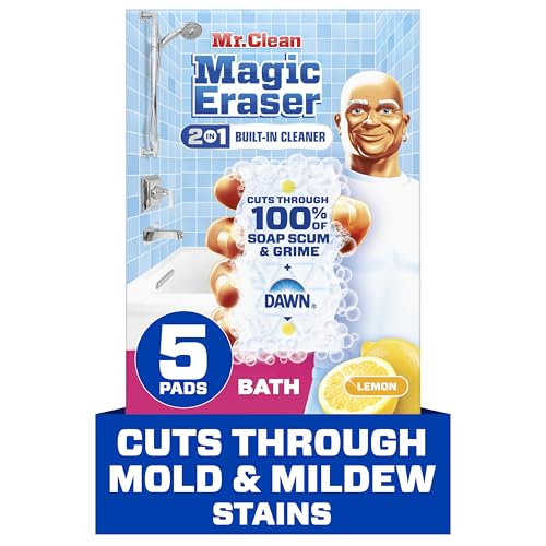 Mr. Clean Magic Eraser Sponge, Bathroom Cleaner, Shower Cleaner, Tub Cleaner, Soap Scum Remover, Bathroom Cleaning Supplies, Dawn Cleaning Power with Lemon Scent, 2 in 1 Bath, 5ct - size: 5 Count (Pack of 1), style: Original Version