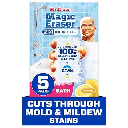Mr. Clean Magic Eraser Sponge, Bathroom Cleaner, Shower Cleaner, Tub Cleaner, Soap Scum Remover, Bathroom Cleaning Supplies, Dawn Cleaning Power with Lemon Scent, 2 in 1 Bath, 5ct - size: 5 Count (Pack of 1), style: Original Version