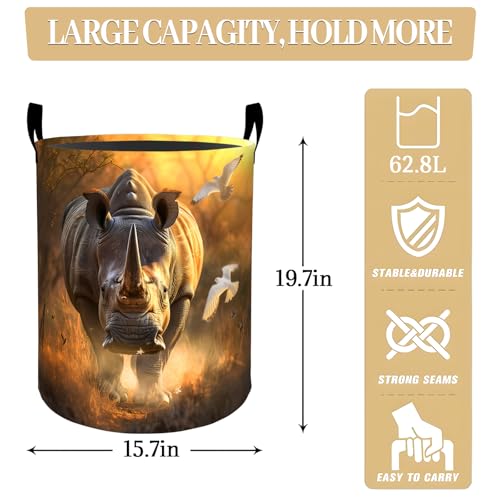 Majestic Sunset Rhino with Birds Laundry Basket, Dorm Nursery Foldable Laundry Hamper Organizer for Bathroom Decor, Toy Clothes Storage Box for Bedroom 19.7x15.7 Inch - style: Rhino33
