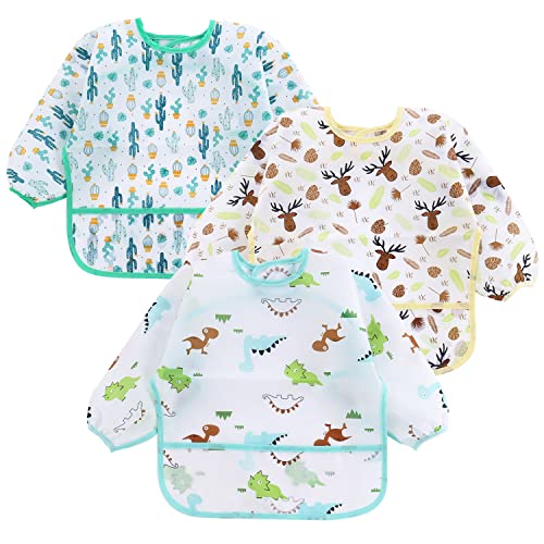 PandaEar (3 Pack Long Sleeve Bibs| Waterproof Full Sleeve Bib for Baby Infant Toddler 6-36 Months - style: Cactus