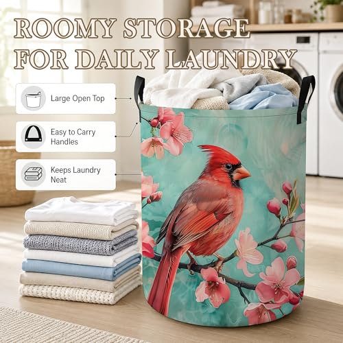 Cardinal Bird Laundry Basket, Pink Flowers Collapsible Laundry Hamper Waterproof Oxford Cloth With Handles, Clothes Storage Bucket For Bathroom/Bedroom 16" x 20.8" - color: Cardinal Bird