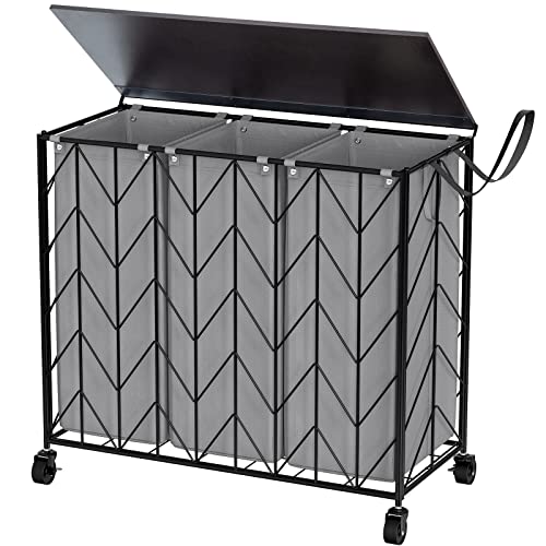 WOWLIVE Laundry Hamper 3 Section with Lid, 142L Laundry Basket with Wheels - color: Grey, size: 142l(28.35 x 13 x 26.4 Inches)