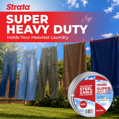 Strata 100 ft Outdoor Clothesline, Super Heavy-Duty Galvanized Steel Cable - color: Super Heavy Duty, size: 100 feet