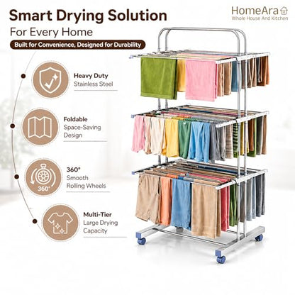 Heavy Duty Foldable Cloth Drying Stand, 3 Tier Mirror Finish Laundry Racks Clothes Stand Cloth Drying Rack Foldable and Movable Large Stainless Steel