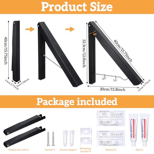 2 Pack Clothes Drying Rack, Wall Mounted Retractable Laundry Rack, 60LBS Heavy Duty Aluminum Foldable Clothes Hanger for Laundry Room, Bathroom, RV, Indoor & Outdoor Use, Drill-Free Installation