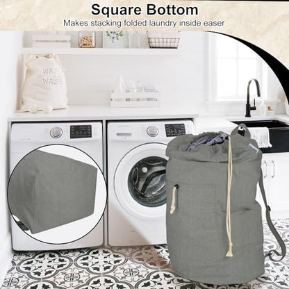 Laundry Bag Backpack, Canvas Laundry Bag with Straps & Drawstring, Grey XL - color: Grey, size: X-Large