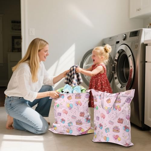 Travel Laundry Bags 2 PC Wet Dry Bag with Handle Dirty Clothes Organizer for Swimsuits Beach Camping Waterproof Washable Birthday Pink Cakes Balloons Ribbons - color: Birthday Pink Cakes Balloons Ribbons
