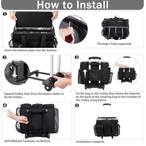 Rolling Cleaning Caddy Bag Built-in Hard Plastic Sheet Detachable Trolley - color: Black