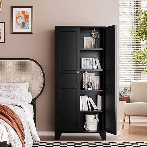 Letaya Black Storage Cabinet with Feets-Metal Home Kitchen Pantry Cabinets with Doors and Adjustable Shelves,Organization Locker for Cupboard/Bedroom/Dining/Living/Bathroom/Office/Garage Room (Black) - color: Black, size: 14"D x 28"W x 61"H