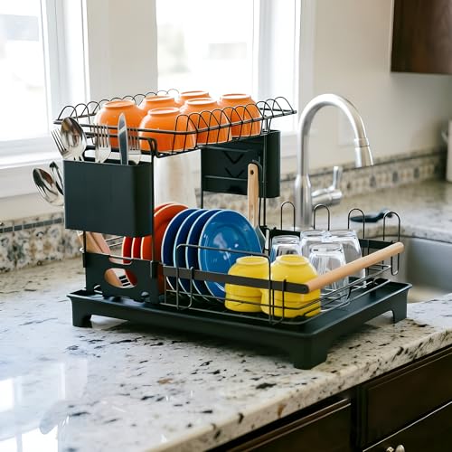 2-Tier Dish Rack Large Capacity Dish Drying Rack for Kitchen Counter Anti-Rust Dish Strainer with Drainboard, Cup Holder, Utensil & Cutting Board Organizer, Heavy Duty Metal, Black - size: 2 Tier Standard