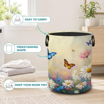 Daisy Butterfly Collapsible Laundry Hamper,Spring Flowers Waterproof Oxford Cloth Clothes Basket with Handles for Bathroom Bedroom Nursery Dorm Room,16" x 20" - color: Daisy Butterfly,Spring Flowers