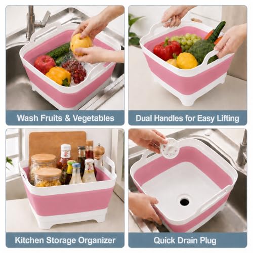 Collapsible Dish Basin with Drain Plug, Foldable Wash Basin 2.4 Gal (9L) - color: Pink