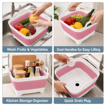 Collapsible Dish Basin with Drain Plug, Foldable Wash Basin 2.4 Gal (9L) - color: Pink