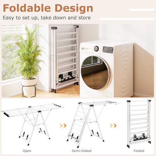 GIANTEX Foldable Metal Clothes Drying Rack, 72.5" Height Adjustable Wings - color: White, size: 72.5"L x 39"-66"H