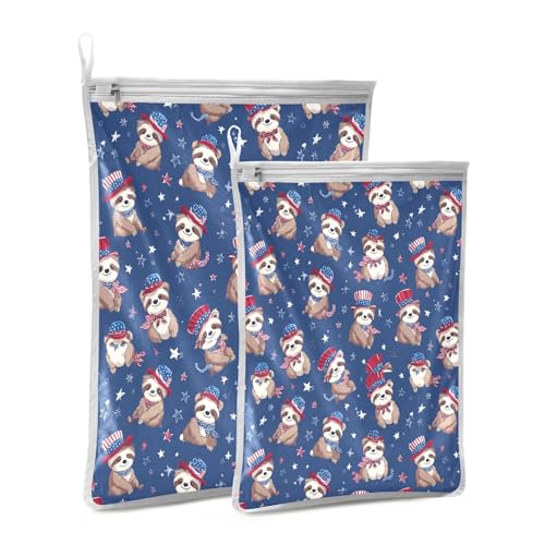 Mesh Laundry Bags Lingerie Bags for Washing Delicates 2 PCS Durable Wash Bag with Zipper Small and Medium Washable 4th July Sloths Blue - color: 4th July Sloths Blue