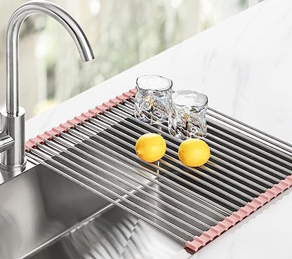 Tomorotec Roll Up Dish Drying Rack Over Sink, 304 Steel, 17.7x15.5, Pink - color: Pink, size: 17.7 x 15.5 in