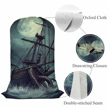 Swono Octopus Drawstring Closure Dirty Clothes Bag Organizer, Heavy Duty Large Laundry Bag, Sailboat Ocean Kraken Night Scene Rip-Stop Bags for Camp Travel, Oxford Cloth Machine Washable, Pirate Ship - color: Octopus