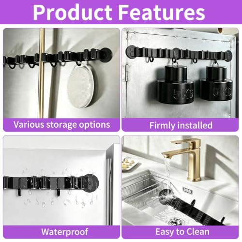 Magnetic Broom Holder Wall Mount - Heavy Duty Non-Slip Mop Hanger with 4 Hooks And 5 Rack, No Drill Tool Organizer for Refrigerator,Garage,Laundry Room (Black, 5Racks 4Hooks)