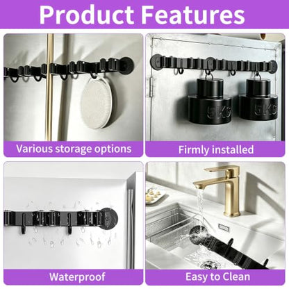 Magnetic Broom Holder Wall Mount - Heavy Duty Non-Slip Mop Hanger with 4 Hooks And 5 Rack, No Drill Tool Organizer for Refrigerator,Garage,Laundry Room (Black, 5Racks 4Hooks)