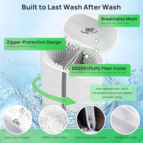 Upgraded Dual Compartment Design Shoe Bag for Washing Machine with Adjustable Shoes Trees& Sneaker Dryer Bag, 420g Heavy-Duty Shoe Washing Machine Bag, Clasp-Lock Zipper for Maximum Protection