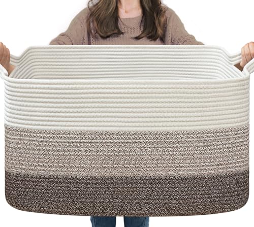 Goodpick Large Woven Rope Blanket Basket, Rectangle, White Brown - color: White Brown, size: Large(21.6"L x 14.9"W x 11.8"H)