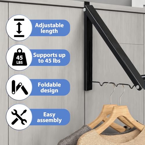 Over The Door Hanger, Foldable Over The Door Drying Rack with 20"-32" Expandable Width, Space Saving Doors Clothes Hanger for Laundry, Bathroom, Apartment, Fits Doors up to 1-1/4”, Metal, Black - color: Black