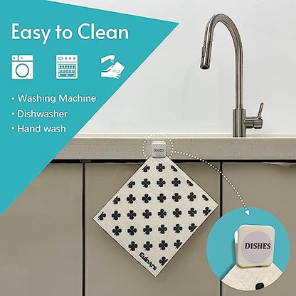 Eulnars Reusable Paper Towels, 8-Pack Swedish Dishcloths for Kitchen with 3 Clips, Black White, Cotton, 200 Washes - color: Black White