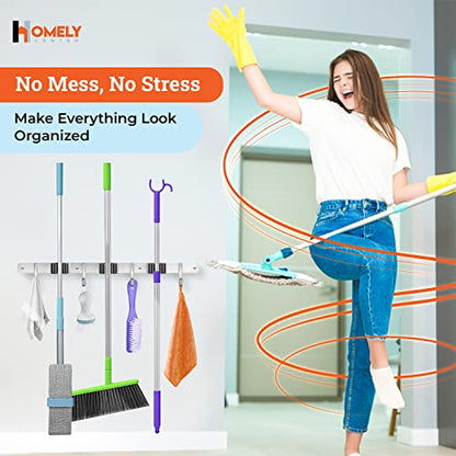 Homely Center Mop and Broom Holder Wall Mount – Heavy-Duty Closet Organizer for Garage, Kitchen, Laundry Organization – Tool Hanger with 3 racks and 4 hooks