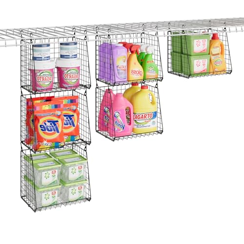 3-Pack Extra-Tall 13.6'' Hanging Laundry Basket Organizer, Foldable Wire Shelf with 360° Rotating Hooks & Reinforced Height - Durable Space-Saving Laundry Room & Closet Organizer, Black Patent - color: Black
