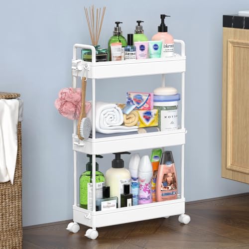 SOLEJAZZ Slim Rolling Storage Cart Skinny Bathroom Organizer, 3 Tier, White - color: White, size: 3-Tier, 4.76"D